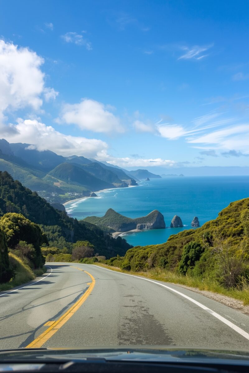 Scenic coastal highway winding toward turquoise ocean with rocky sea stacks, green hills, and blue sky