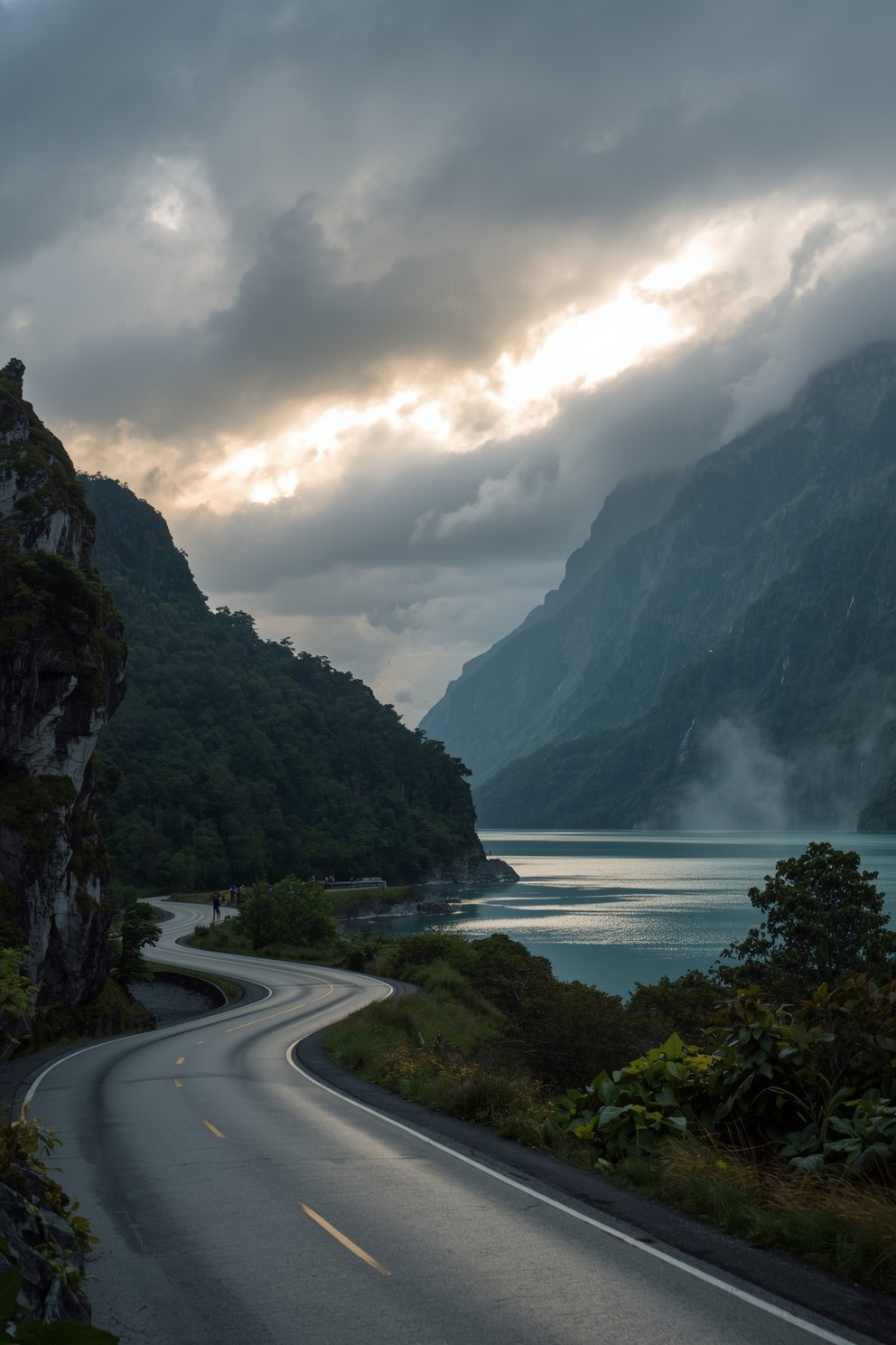 Winding two-lane road curving along a turquoise mountain fjord flanked by steep cliffs under dramatic storm clouds