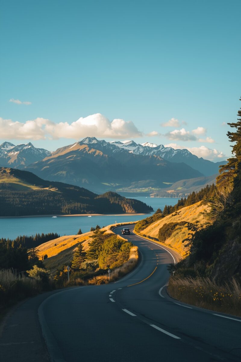 Winding road curving along a turquoise lake with snow-capped mountains and golden hillsides under blue sky