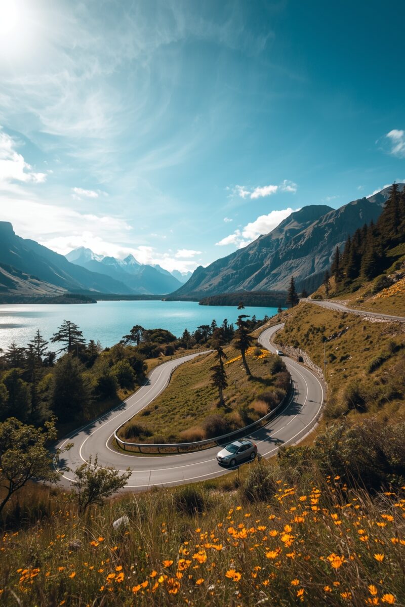 Winding mountain road with hairpin turn alongside turquoise alpine lake, orange wildflowers in foreground, snow-capped peaks