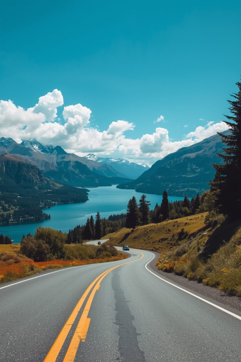 Winding two-lane mountain highway curving toward a turquoise alpine lake surrounded by evergreen trees and snow-capped peaks