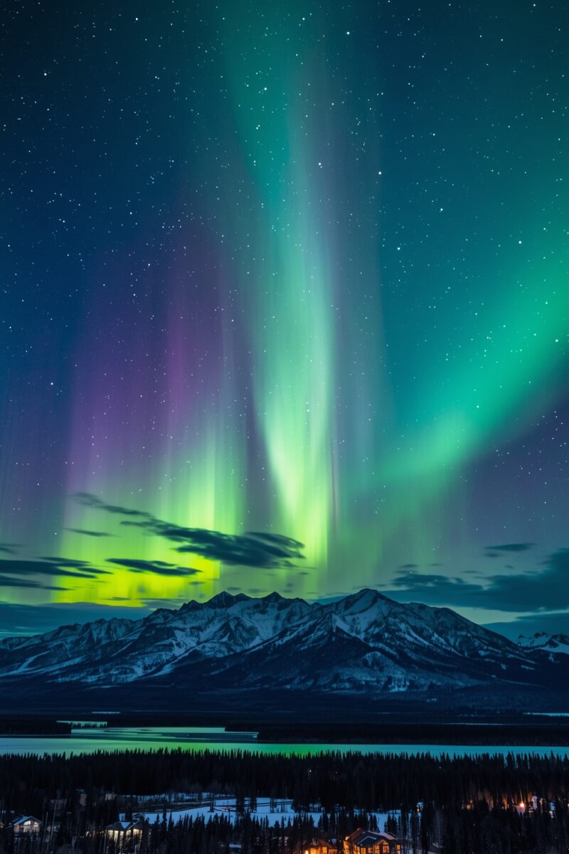 Vibrant aurora borealis with green, teal, and purple lights over snow-capped mountains and evergreen forest at night