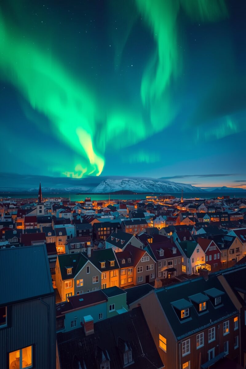 Vibrant green aurora borealis swirling over illuminated colorful rooftops of Reykjavik with snow-capped mountains behind