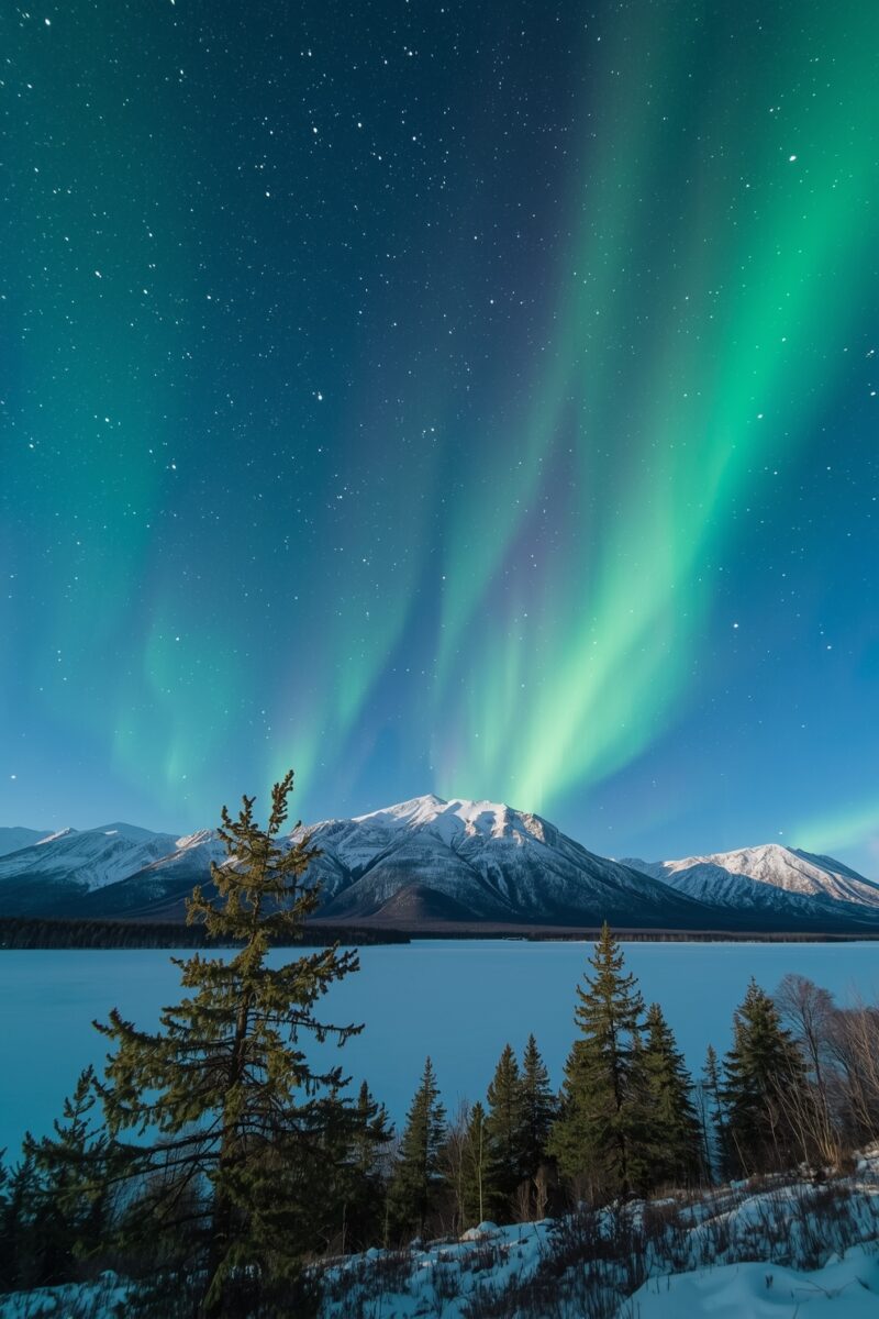 Aurora borealis green northern lights over snow-capped mountains and frozen lake with evergreen trees in winter