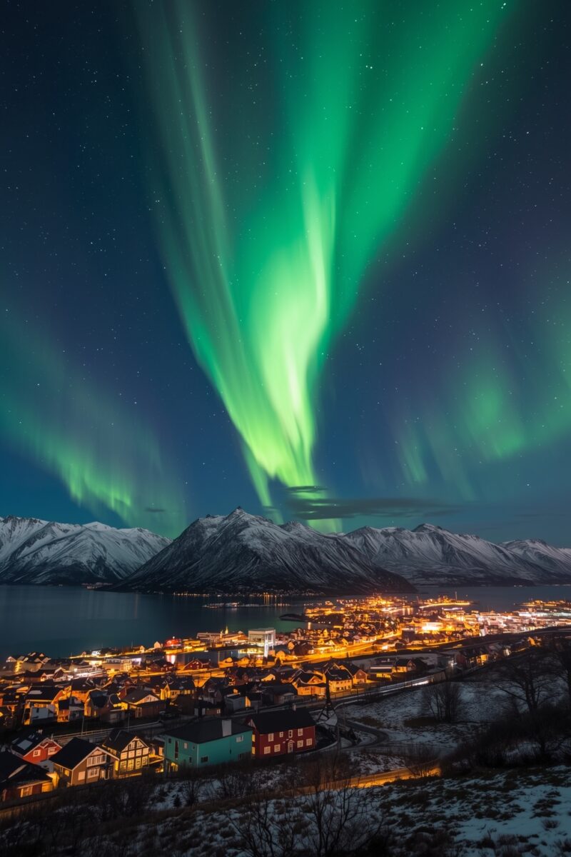 Vibrant green aurora borealis dancing over a snow-covered Norwegian coastal town with mountains at night