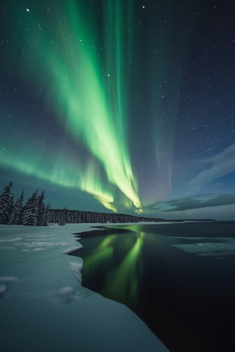 Vibrant green aurora borealis dancing over a snow-covered arctic landscape with frozen lake reflection