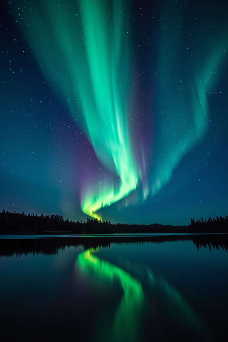Vivid green and purple aurora borealis dancing over a calm reflective lake with silhouetted pine trees