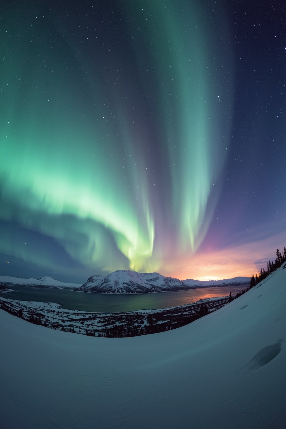 Vibrant green and purple aurora borealis swirling over snow-covered Arctic landscape with mountain lake at twilight