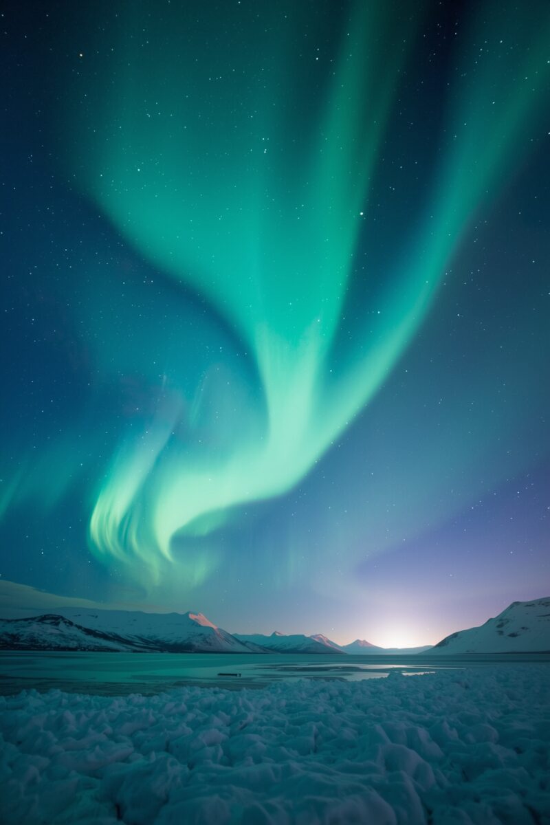 Vivid green aurora borealis swirling over a snow-covered Arctic landscape with mountains at night