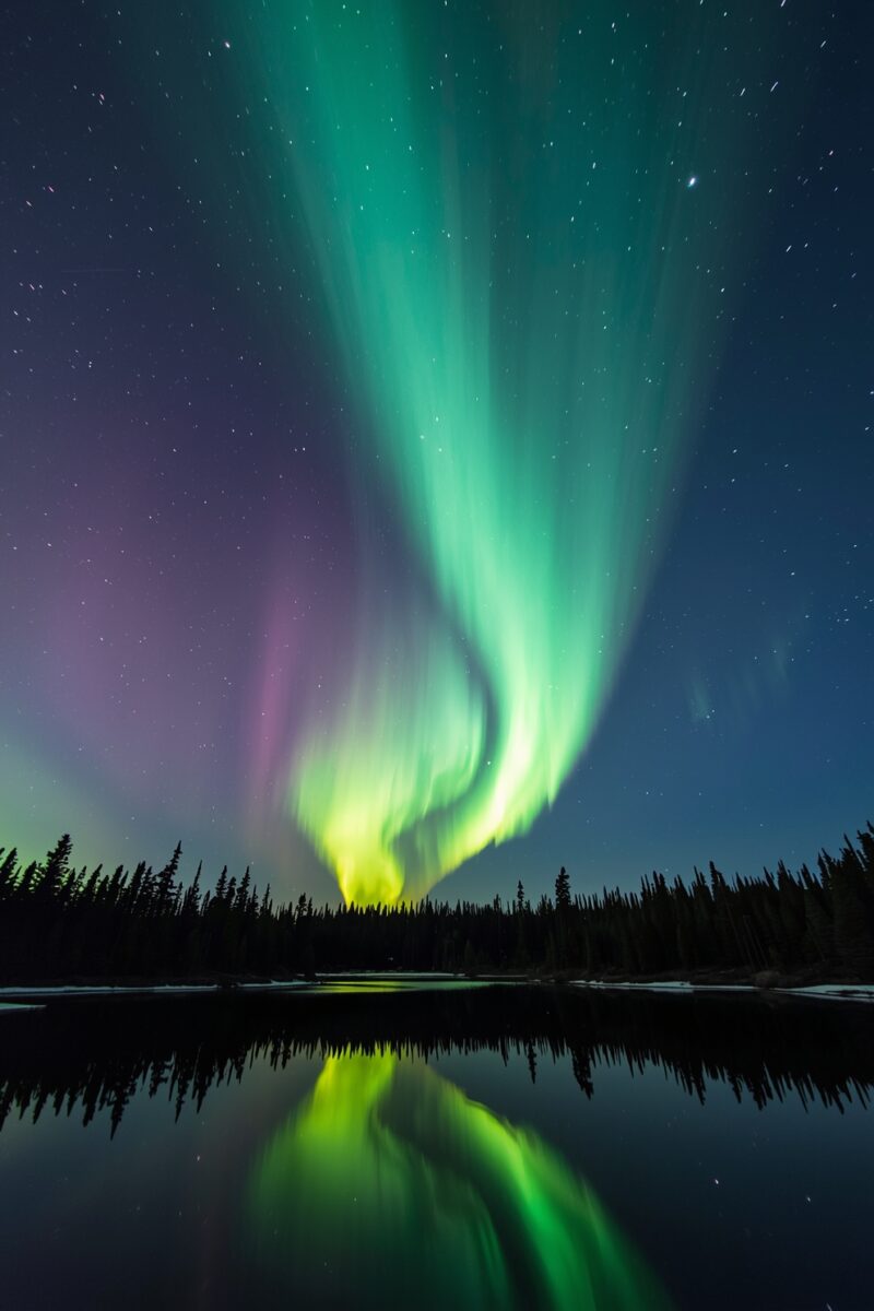 Vibrant aurora borealis with green and purple lights reflected in a calm lake surrounded by silhouetted pine trees