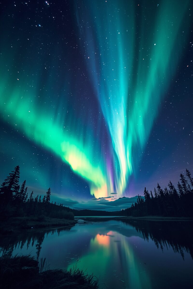 Vibrant aurora borealis with green and purple lights reflected in a calm lake surrounded by conifer silhouettes