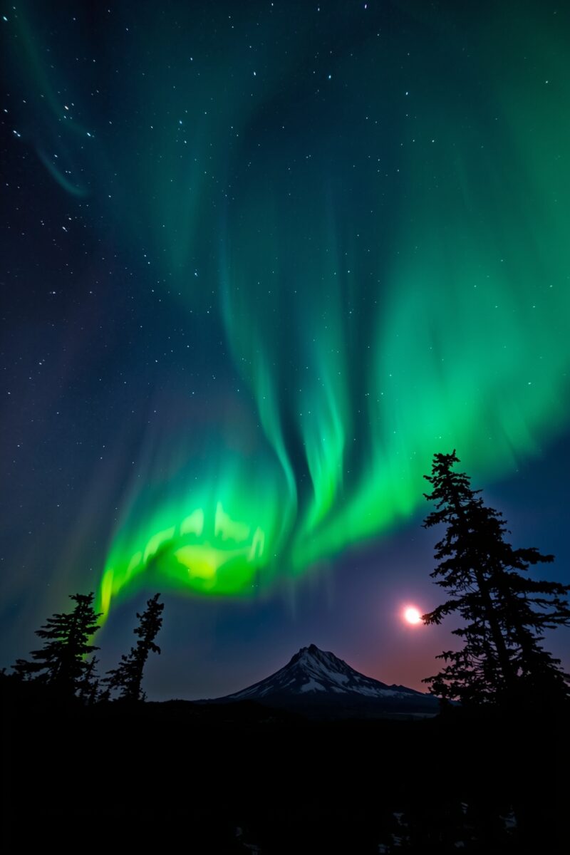 Vivid green aurora borealis swirling over snow-capped Mount Hood with silhouetted evergreen trees and moon