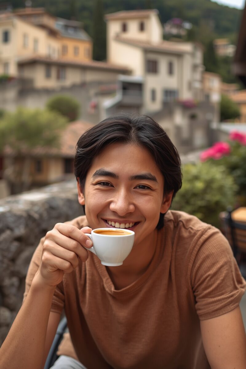 Smiling young man holding a white espresso cup at an outdoor café with European village buildings in background