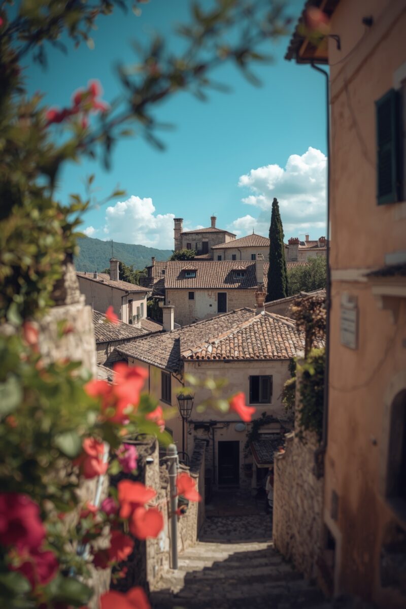 Cobblestone alleyway in an Italian hilltown with terracotta rooftops, red geraniums, and cypress trees under blue sky