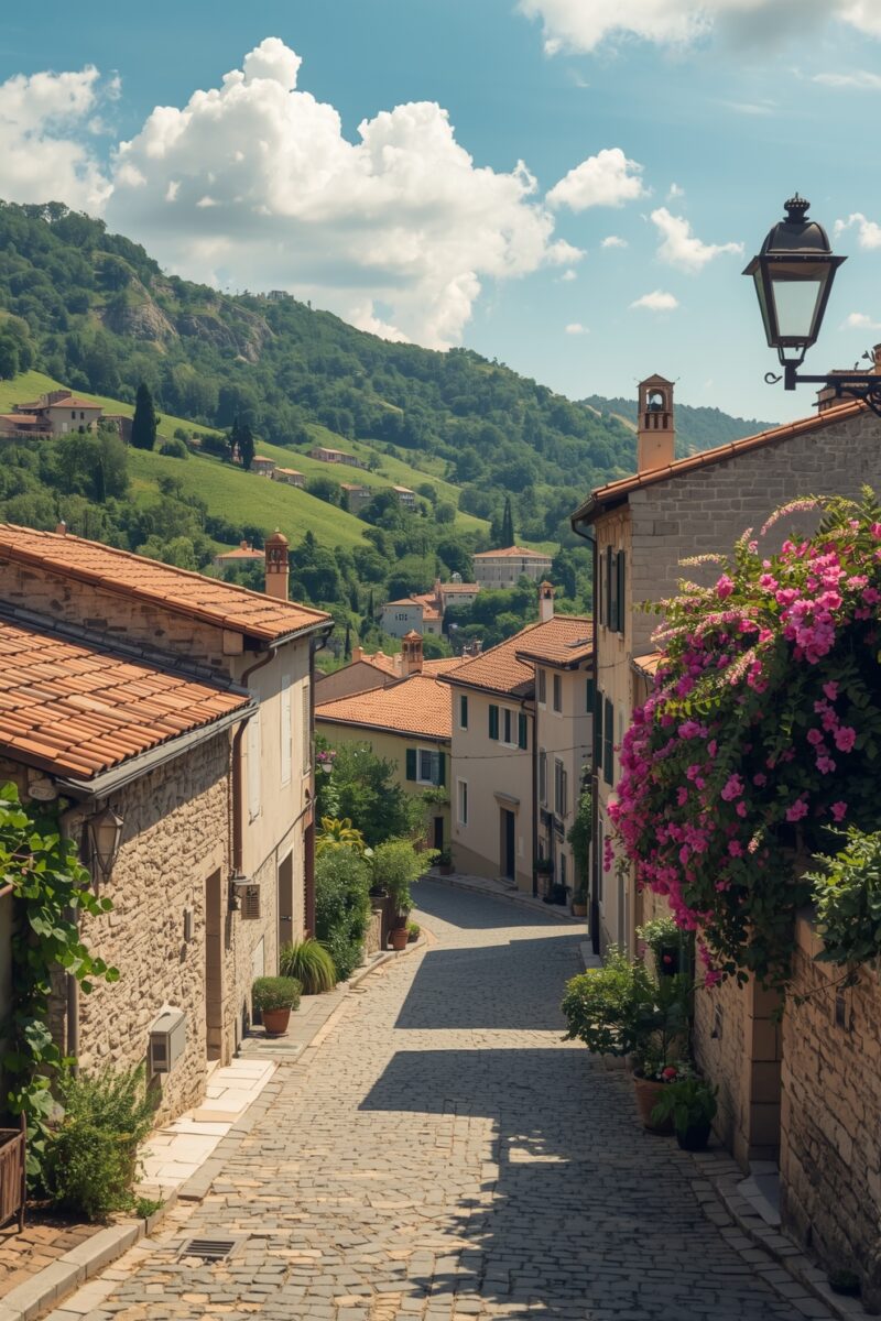 Cobblestone street in an Italian hillside village with stone buildings, terracotta roofs, pink flowers, and green hills