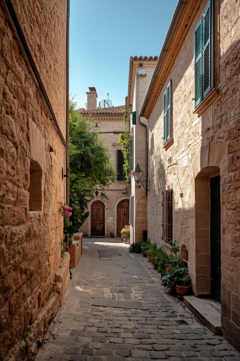 Narrow cobblestone alley lined with golden stone buildings, green shutters, wooden doors, and potted flowers in a Mediterranean old town