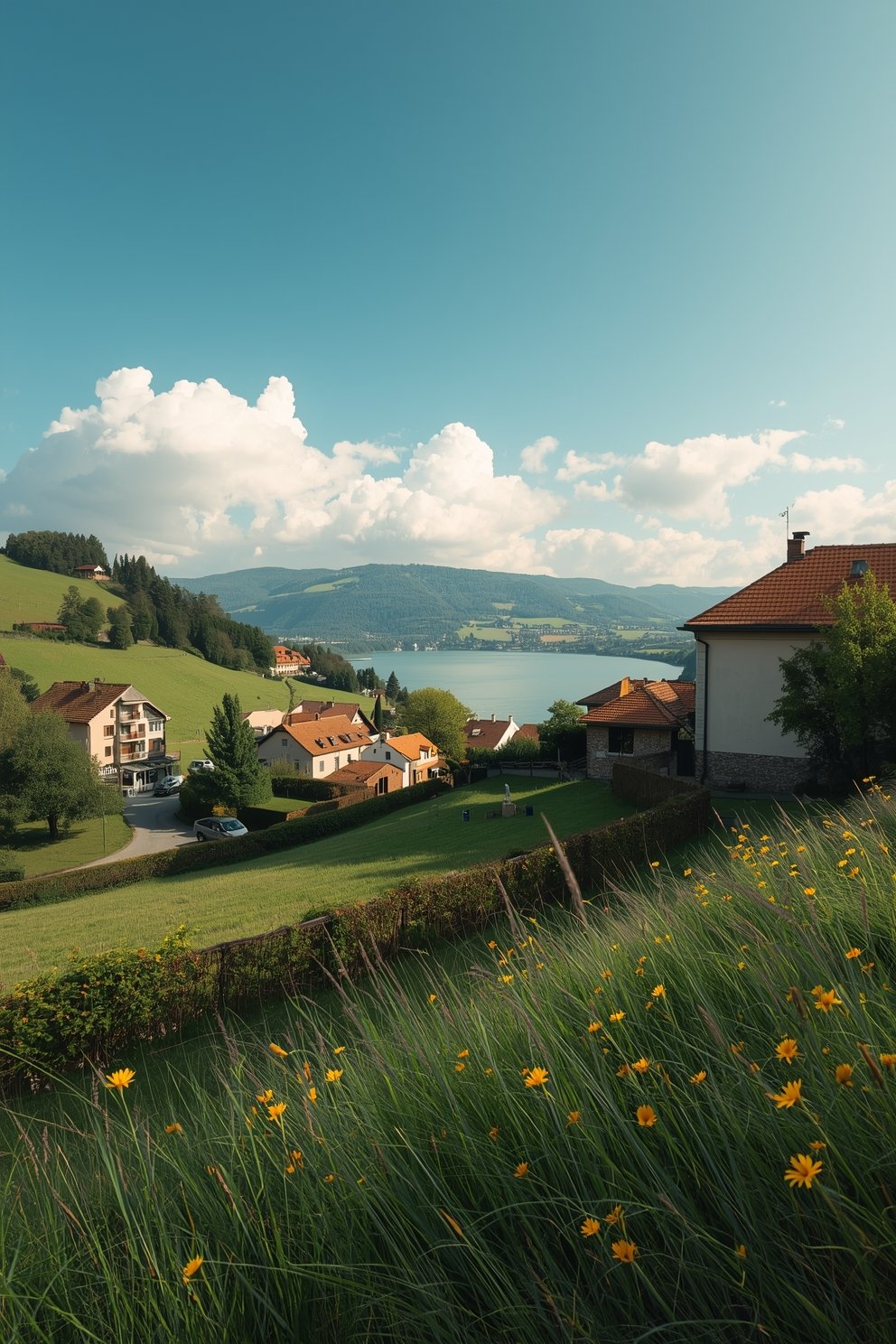 Scenic Alpine village with terracotta-roofed houses, yellow wildflowers, green hillside meadows, and a lake backdrop