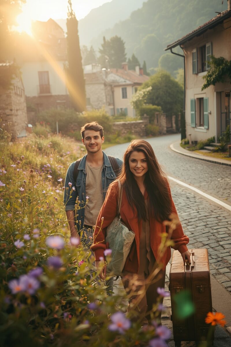 Young couple smiling and walking along a cobblestone village street at golden hour with wildflowers