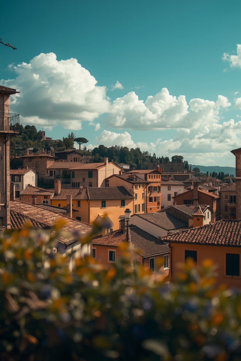 Panoramic rooftop view of an Italian hilltown with terracotta roofs, warm ochre buildings, and blue sky