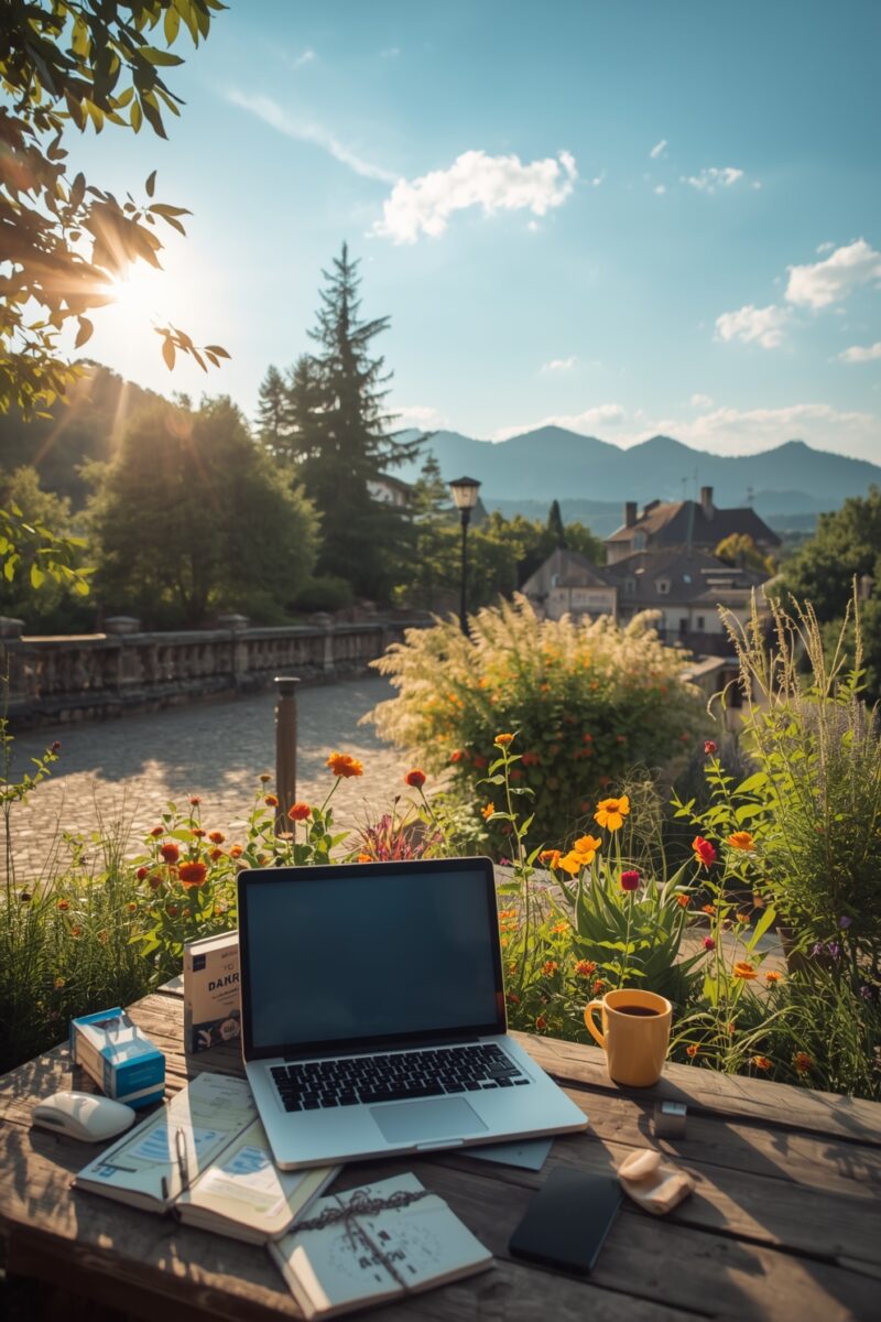Laptop and coffee mug on rustic wooden table outdoors with colorful wildflowers, cobblestone path, and mountain village backdrop