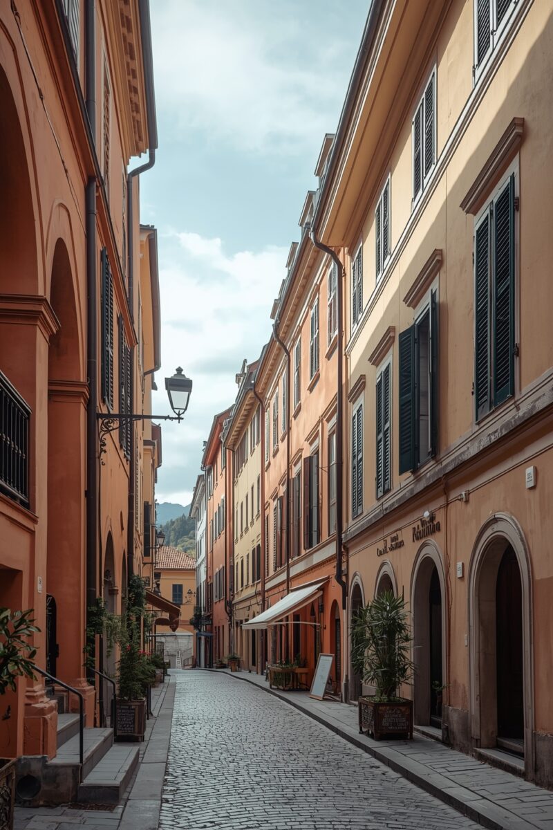 Narrow cobblestone street lined with warm terracotta and peach Italian buildings with dark shutters and a vintage street lamp