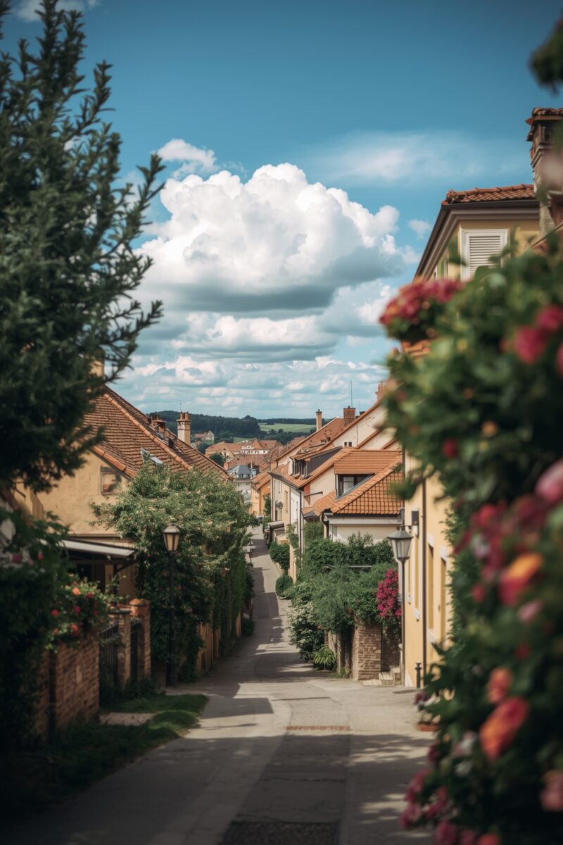 Charming European village street lined with terracotta-roofed houses, flowering plants, and lush greenery under a blue sky