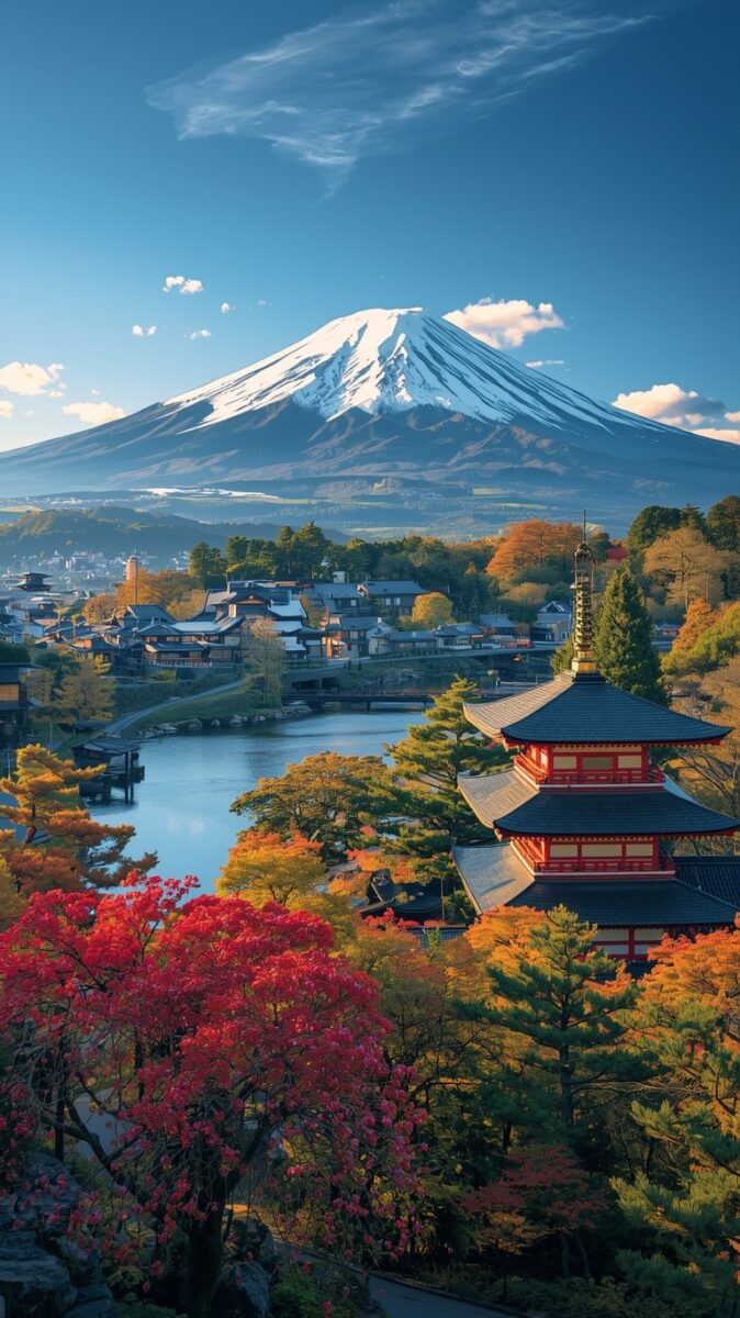 Mount Fuji snow-capped peak backdrop with red Japanese pagoda, autumn foliage, and traditional town beside calm river