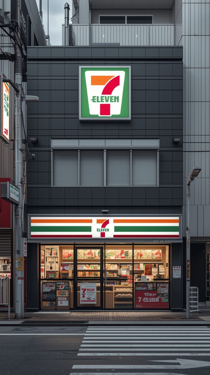 7-Eleven convenience store exterior in Japan with iconic orange, green, and red striped signage