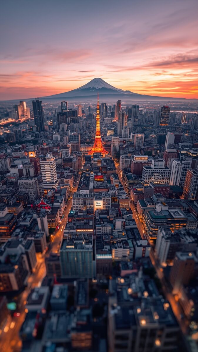 Aerial view of Tokyo skyline at sunset with illuminated Tokyo Tower and Mount Fuji in background