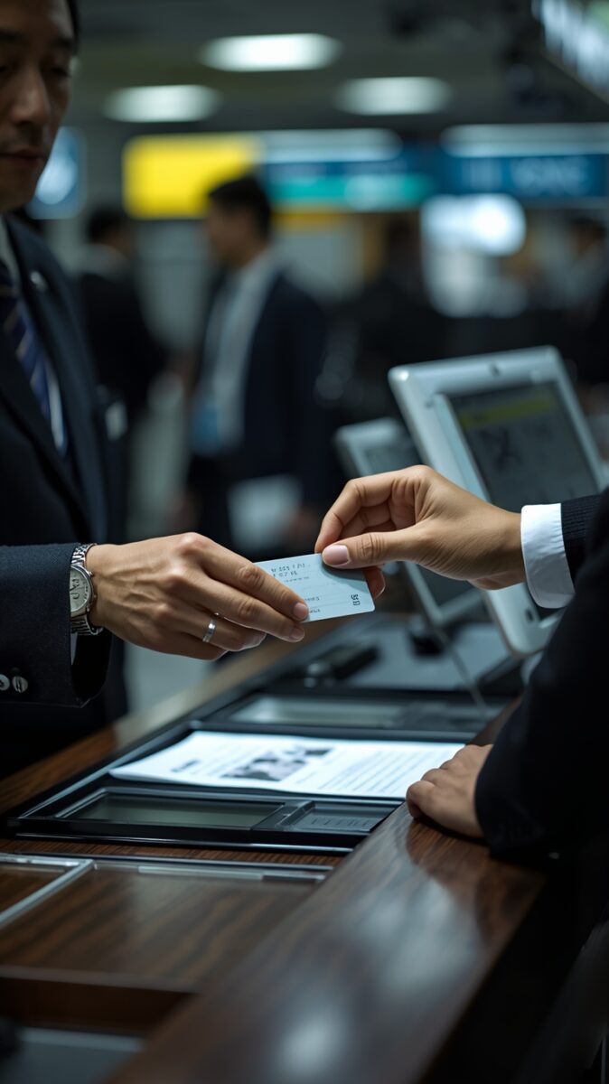 Airport check-in agent handing boarding pass or ID card to suited passenger at service counter