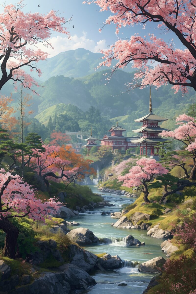 Japanese pagoda temple surrounded by pink cherry blossom trees beside a rocky mountain stream