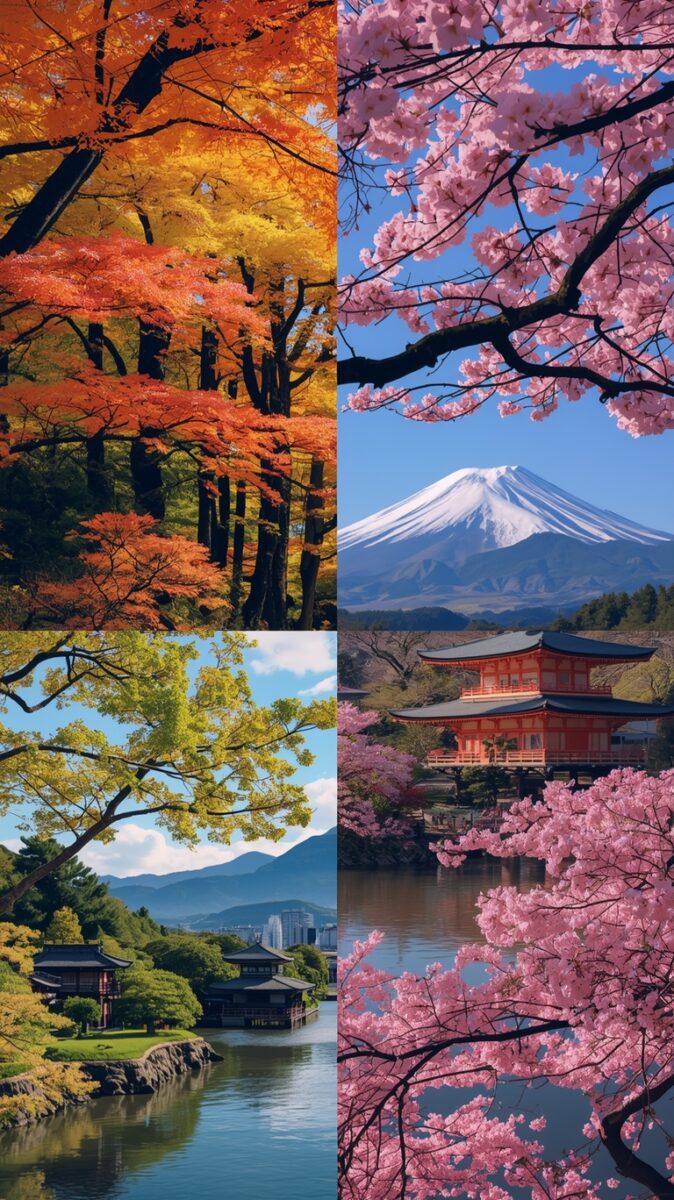 Four-panel collage of Japan's iconic landscapes: autumn foliage, cherry blossoms with Mount Fuji, Japanese garden, and red pagoda