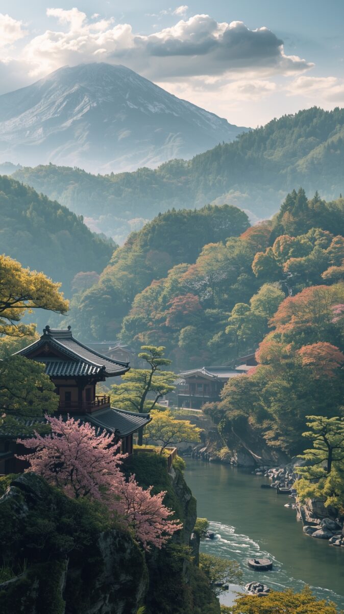 Traditional Japanese temple on a cliff overlooking a river valley with cherry blossoms and misty mountains