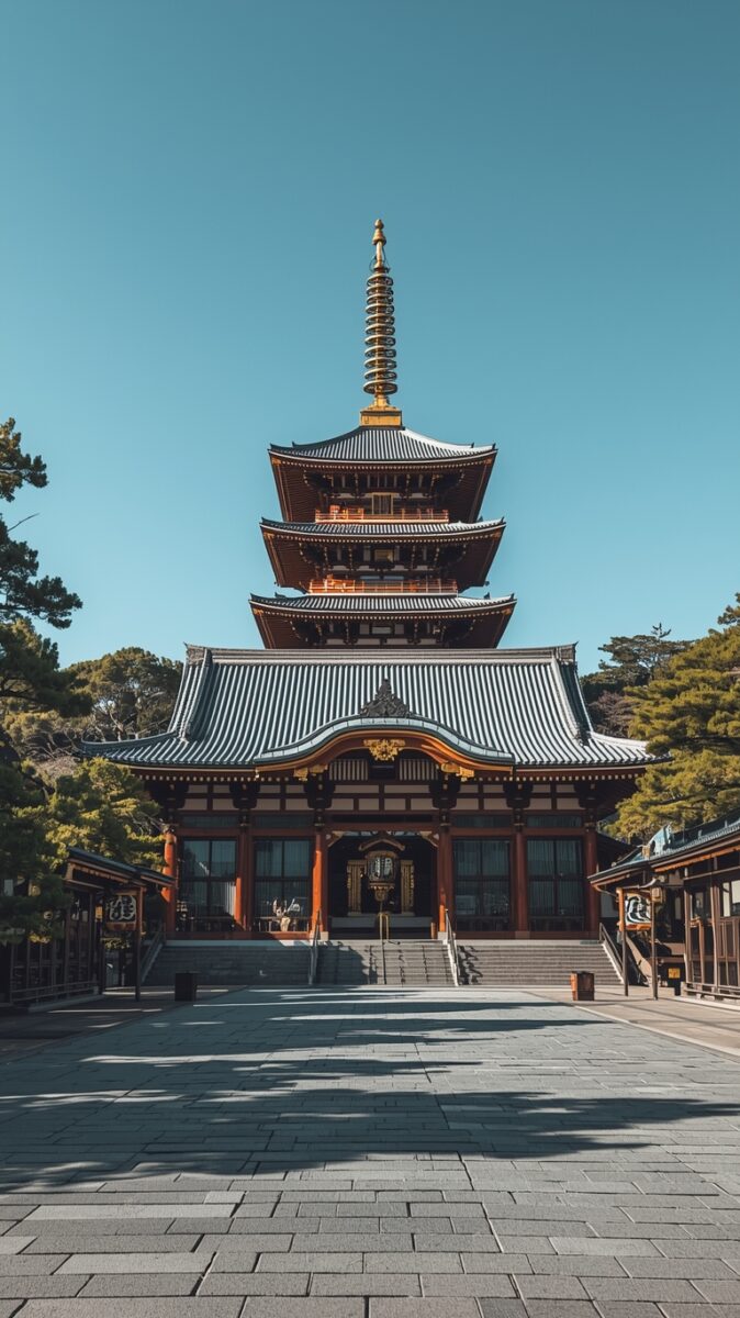 Traditional Japanese multi-tiered pagoda with red wooden pillars, curved tiled roofs, and golden spire against clear blue sky