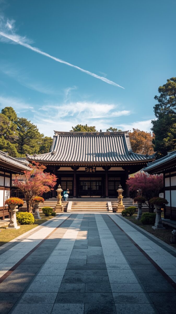 Traditional Japanese temple with curved tiled roof, stone lanterns, and autumn-colored trees in a peaceful courtyard