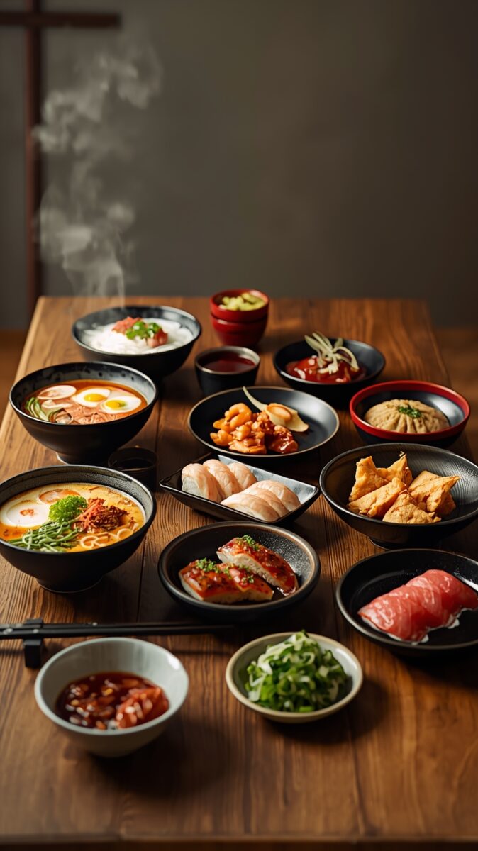 Assorted Japanese dishes on wooden table including steaming ramen bowls, nigiri sushi, and small side dishes