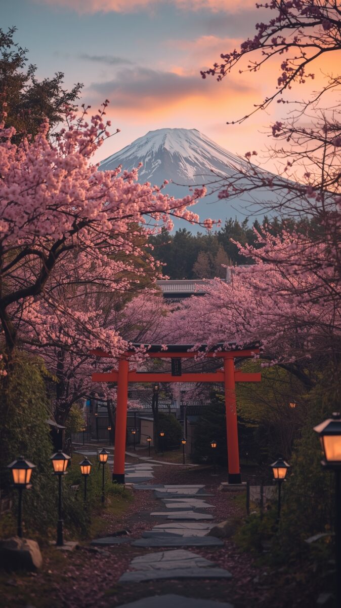 Red torii gate on stone path lined with cherry blossoms and glowing lanterns, Mount Fuji at sunset