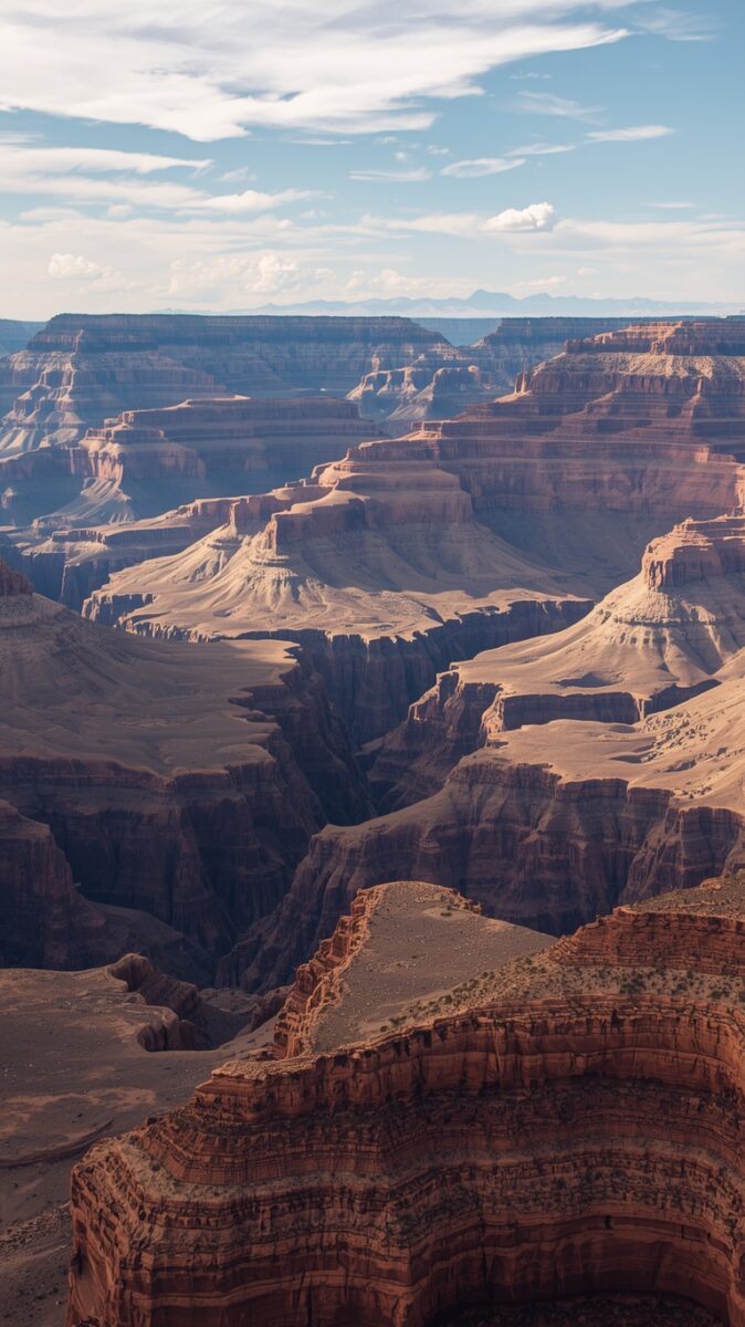 Aerial panoramic view of the Grand Canyon's layered red rock formations and deep gorges under a partly cloudy sky