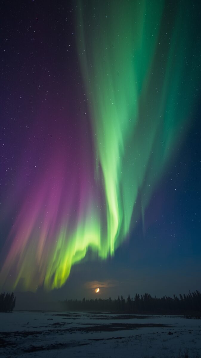 Vibrant aurora borealis with green, teal, and purple light curtains over snowy winter landscape with crescent moon