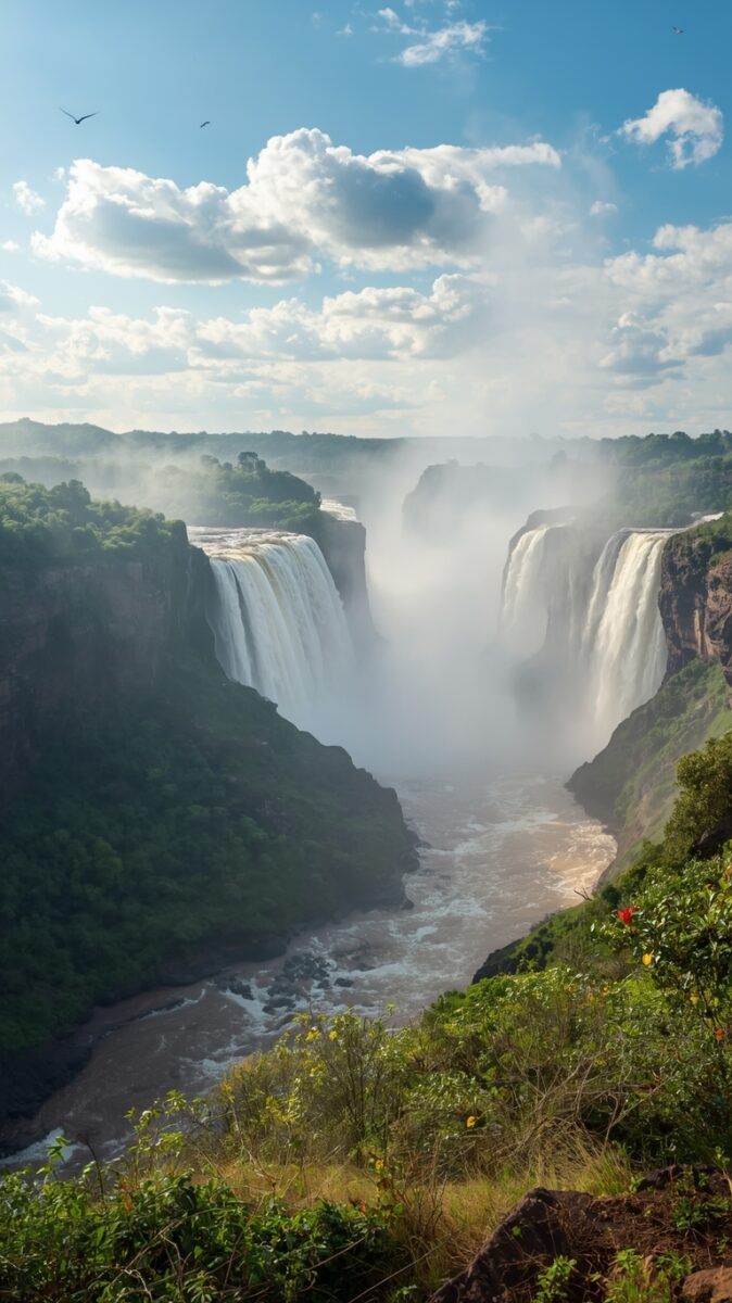 Panoramic view of massive twin waterfalls cascading into a misty gorge surrounded by lush green tropical vegetation