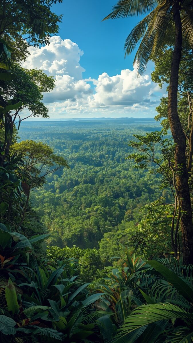 Panoramic view of lush tropical rainforest canopy under blue sky with white clouds from elevated viewpoint