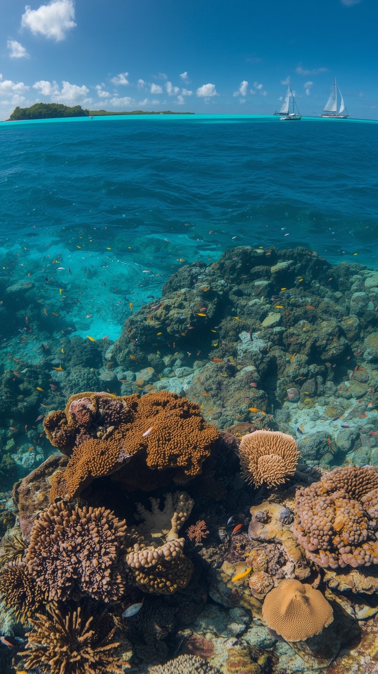 Split underwater view of vibrant coral reef with tropical fish below and sailboats on turquoise ocean above waterline