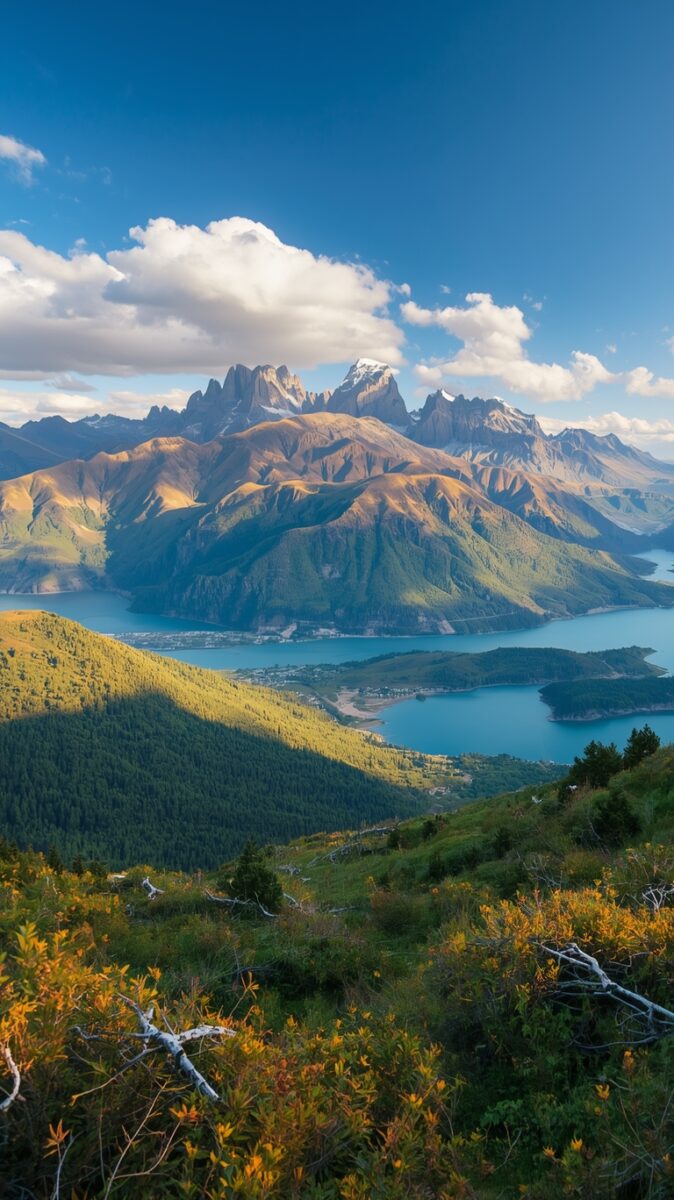 Panoramic mountain landscape with jagged snow-capped peaks, blue lake, green forested hills, and autumn shrubs in foreground