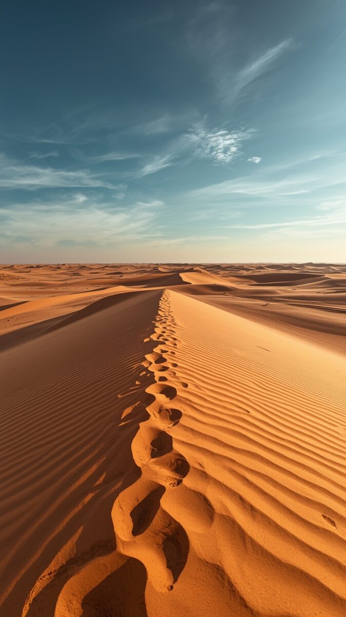Golden sand dunes with footprints along the ridge under a blue sky with wispy clouds in a vast desert