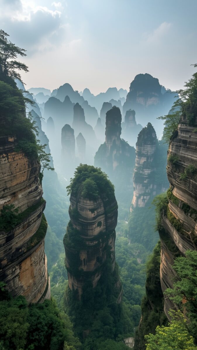 Towering sandstone pillars rise through misty valleys at Zhangjiajie National Forest Park, China, covered in lush green vegetation