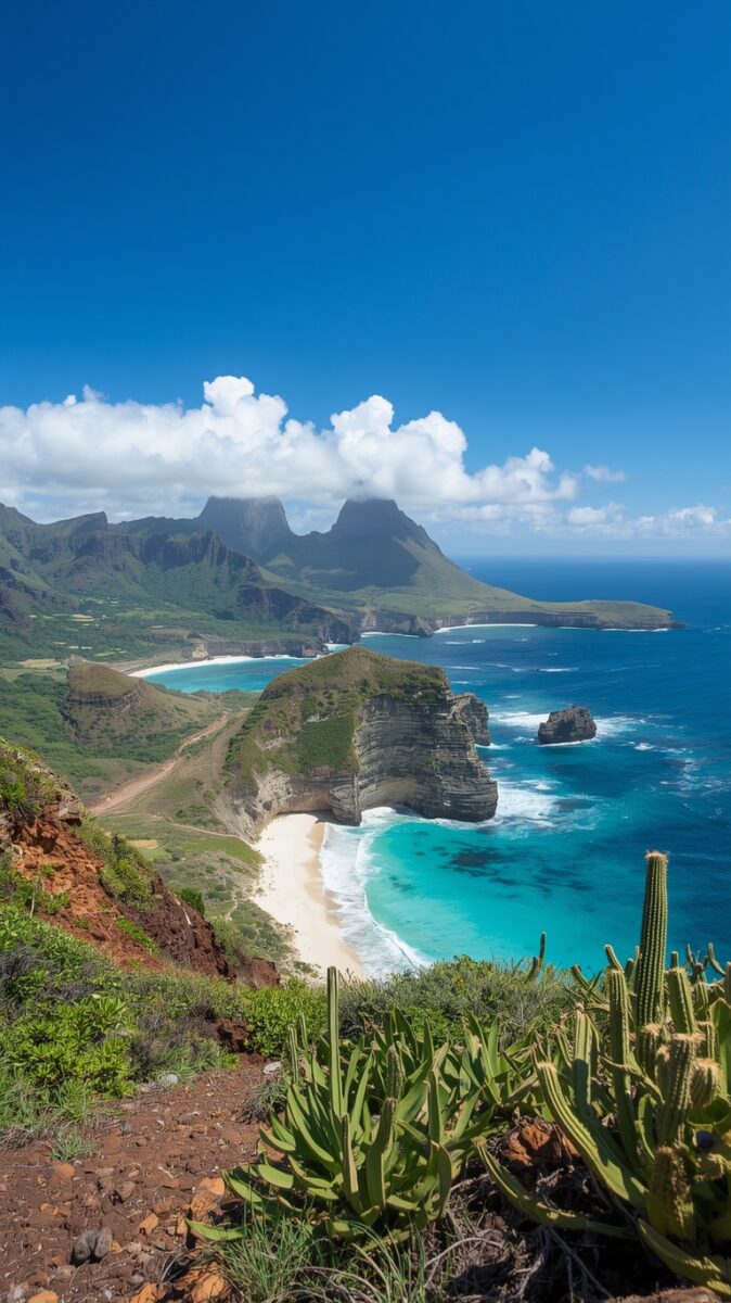 Dramatic coastal cliffs overlooking turquoise ocean with white sandy beaches, volcanic mountains, and cacti in foreground