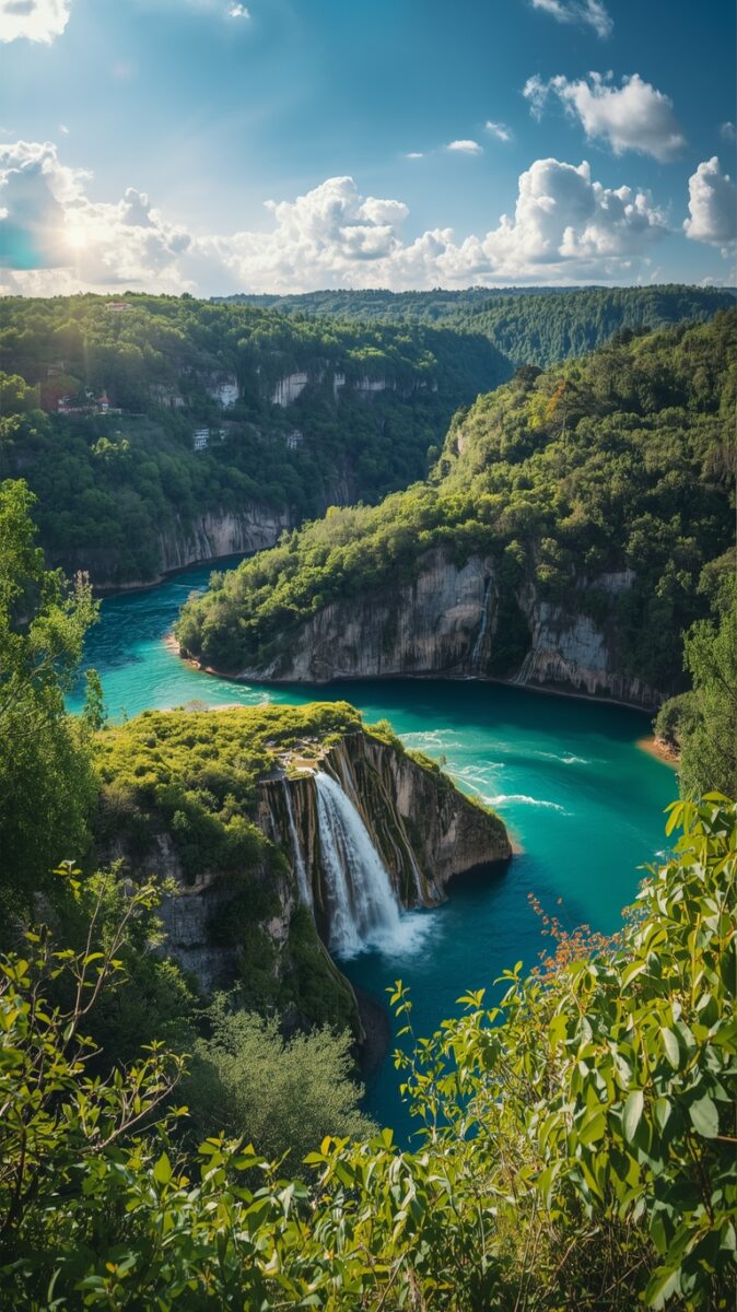 Aerial view of a turquoise canyon lake with a waterfall cascading over limestone cliffs surrounded by lush green forest