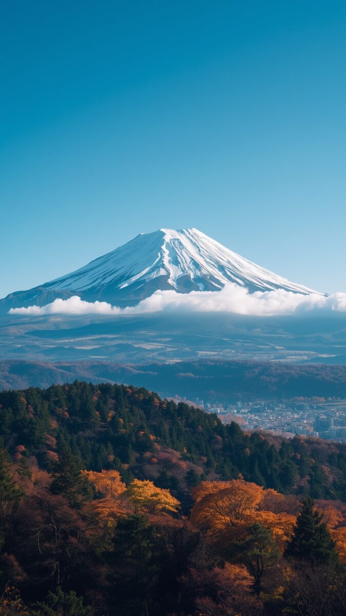 Snow-capped Mount Fuji rising above autumn forests and clouds under a clear blue sky in Japan