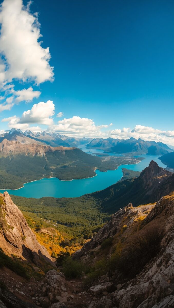 Panoramic aerial view of turquoise mountain lakes surrounded by dense forests and snow-capped peaks under blue sky