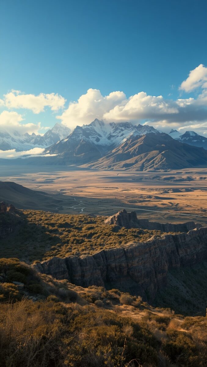 Panoramic view of snow-capped mountains rising above a vast golden steppe valley with rocky cliffs in foreground